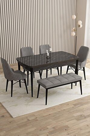 Rovena Flora Siyah Mermer 80x132 Açılabilir Mdf Mutfak Masası Takımı 4 Adet Sandalye+1 Bench