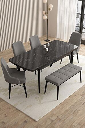 Rovena Flora Siyah Mermer 80x132 Açılabilir Mdf Mutfak Masası Takımı 4 Adet Sandalye+1 Bench
