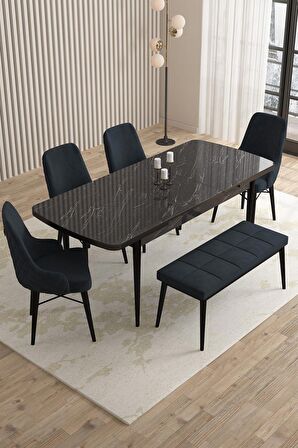 Rovena Flora Siyah Mermer 80x132 Açılabilir Mdf Mutfak Masası Takımı 4 Adet Sandalye+1 Bench