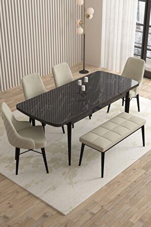 Rovena Flora Siyah Mermer 80x132 Açılabilir Mdf Mutfak Masası Takımı 4 Adet Sandalye+1 Bench