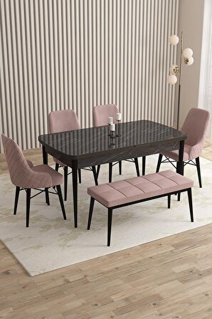 Rovena Flora Siyah Mermer 80x132 Açılabilir Mdf Mutfak Masası Takımı 4 Adet Sandalye+1 Bench