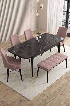 Rovena Flora Siyah Mermer 80x132 Açılabilir Mdf Mutfak Masası Takımı 4 Adet Sandalye+1 Bench