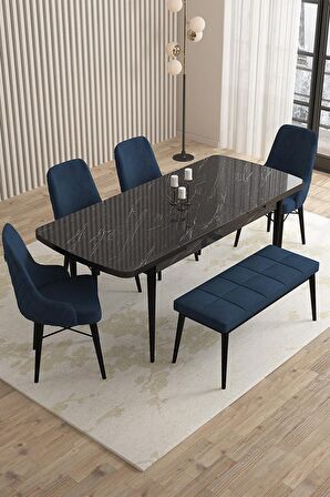Rovena Flora Siyah Mermer 80x132 Açılabilir Mdf Mutfak Masası Takımı 4 Adet Sandalye+1 Bench
