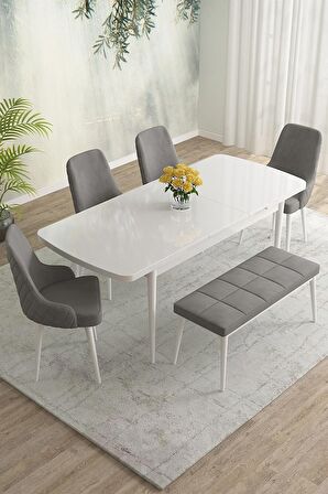 Rovena Eylül Beyaz 80x132 Açılabilir Mdf Mutfak Masası Takımı 4 Adet Sandalye+1 Bench
