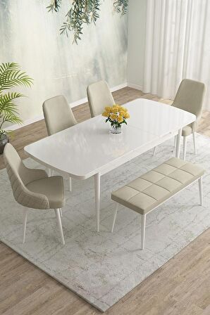 Rovena Eylül Beyaz 80x132 Açılabilir Mdf Mutfak Masası Takımı 4 Adet Sandalye+1 Bench