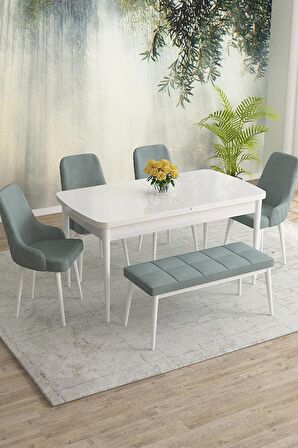 Rovena Eylül Beyaz 80x132 Açılabilir Mdf Mutfak Masası Takımı 4 Adet Sandalye+1 Bench