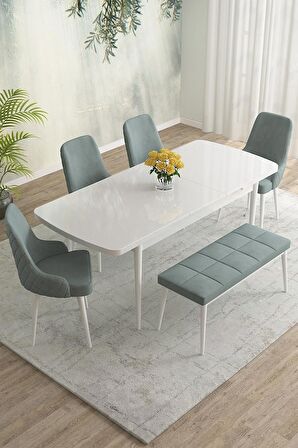 Rovena Eylül Beyaz 80x132 Açılabilir Mdf Mutfak Masası Takımı 4 Adet Sandalye+1 Bench