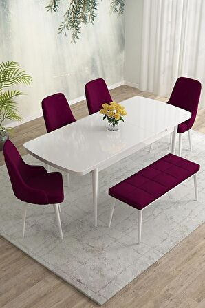 Rovena Eylül Beyaz 80x132 Açılabilir Mdf Mutfak Masası Takımı 4 Adet Sandalye+1 Bench