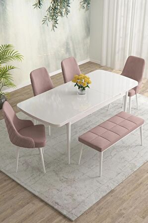 Rovena Eylül Beyaz 80x132 Açılabilir Mdf Mutfak Masası Takımı 4 Adet Sandalye+1 Bench