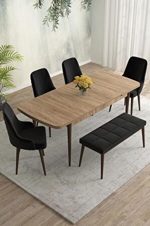 Rovena Eylül Meşe 80x132 Açılabilir Mdf Mutfak Masası Takımı 4 Adet Sandalye+1 Bench