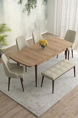 Rovena Eylül Meşe 80x132 Açılabilir Mdf Mutfak Masası Takımı 4 Adet Sandalye+1 Bench