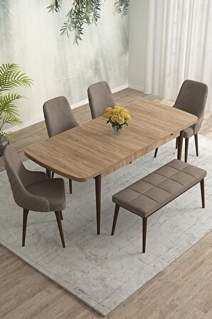 Rovena Eylül Meşe 80x132 Açılabilir Mdf Mutfak Masası Takımı 4 Adet Sandalye+1 Bench