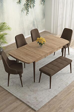 Rovena Eylül Meşe 80x132 Açılabilir Mdf Mutfak Masası Takımı 4 Adet Sandalye+1 Bench