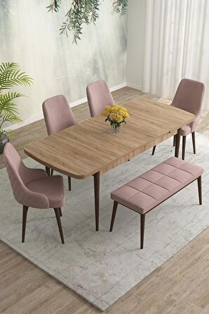 Rovena Eylül Meşe 80x132 Açılabilir Mdf Mutfak Masası Takımı 4 Adet Sandalye+1 Bench
