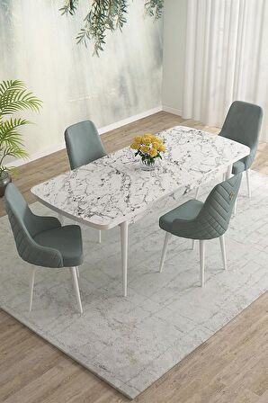 Rovena Eylül Beyaz Mermer 80x132 Açılabilir Mdf Mutfak Masası Takımı 4 Adet Sandalye