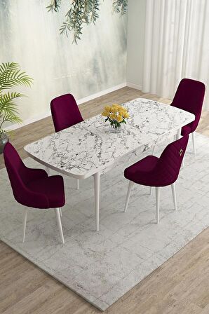 Rovena Eylül Beyaz Mermer 80x132 Açılabilir Mdf Mutfak Masası Takımı 4 Adet Sandalye