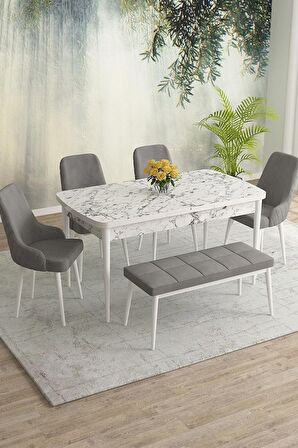 Rovena Eylül Beyaz Mermer 80x132 Açılabilir Mdf Mutfak Masası Takımı 4 Adet Sandalye+1 Bench