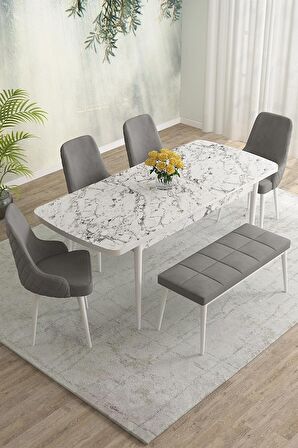 Rovena Eylül Beyaz Mermer 80x132 Açılabilir Mdf Mutfak Masası Takımı 4 Adet Sandalye+1 Bench