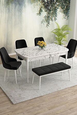Rovena Eylül Beyaz Mermer 80x132 Açılabilir Mdf Mutfak Masası Takımı 4 Adet Sandalye+1 Bench