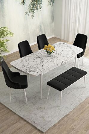 Rovena Eylül Beyaz Mermer 80x132 Açılabilir Mdf Mutfak Masası Takımı 4 Adet Sandalye+1 Bench