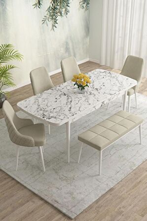 Rovena Eylül Beyaz Mermer 80x132 Açılabilir Mdf Mutfak Masası Takımı 4 Adet Sandalye+1 Bench