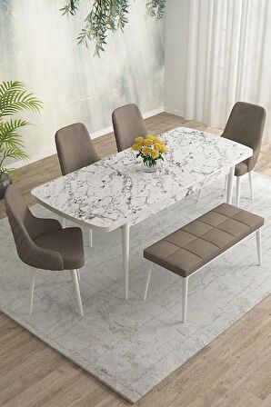 Rovena Eylül Beyaz Mermer 80x132 Açılabilir Mdf Mutfak Masası Takımı 4 Adet Sandalye+1 Bench