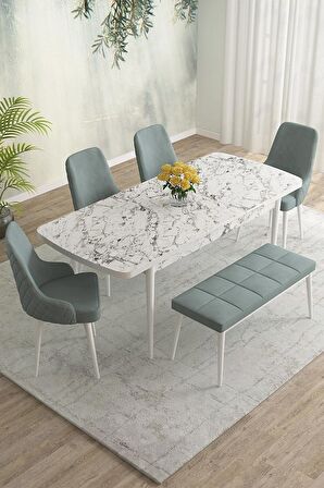 Rovena Eylül Beyaz Mermer 80x132 Açılabilir Mdf Mutfak Masası Takımı 4 Adet Sandalye+1 Bench