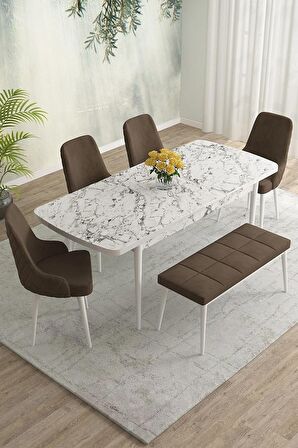 Rovena Eylül Beyaz Mermer 80x132 Açılabilir Mdf Mutfak Masası Takımı 4 Adet Sandalye+1 Bench