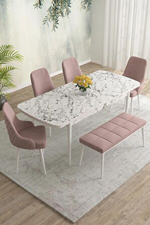 Rovena Eylül Beyaz Mermer 80x132 Açılabilir Mdf Mutfak Masası Takımı 4 Adet Sandalye+1 Bench