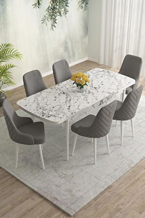 Rovena Eylül Beyaz Mermer 80x132 Açılabilir Mdf Mutfak Masası Takımı 6 Adet Sandalye