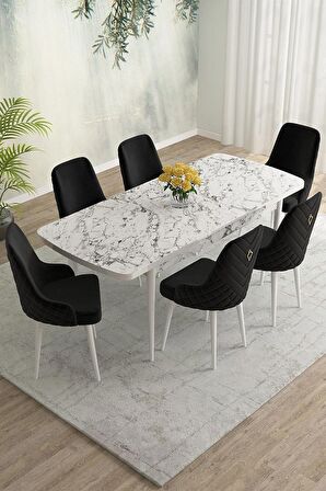 Rovena Eylül Beyaz Mermer 80x132 Açılabilir Mdf Mutfak Masası Takımı 6 Adet Sandalye