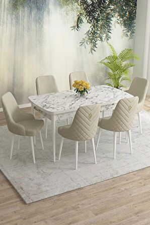 Rovena Eylül Beyaz Mermer 80x132 Açılabilir Mdf Mutfak Masası Takımı 6 Adet Sandalye