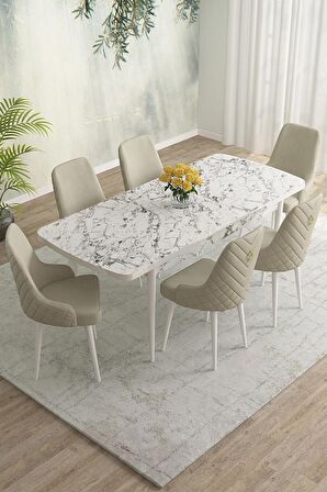 Rovena Eylül Beyaz Mermer 80x132 Açılabilir Mdf Mutfak Masası Takımı 6 Adet Sandalye