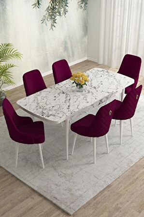 Rovena Eylül Beyaz Mermer 80x132 Açılabilir Mdf Mutfak Masası Takımı 6 Adet Sandalye