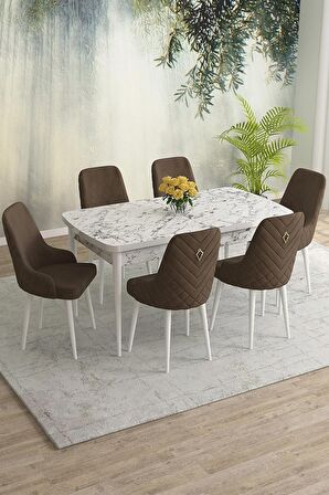 Rovena Eylül Beyaz Mermer 80x132 Açılabilir Mdf Mutfak Masası Takımı 6 Adet Sandalye