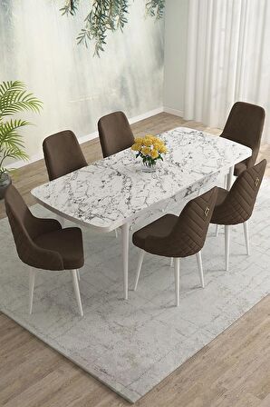 Rovena Eylül Beyaz Mermer 80x132 Açılabilir Mdf Mutfak Masası Takımı 6 Adet Sandalye