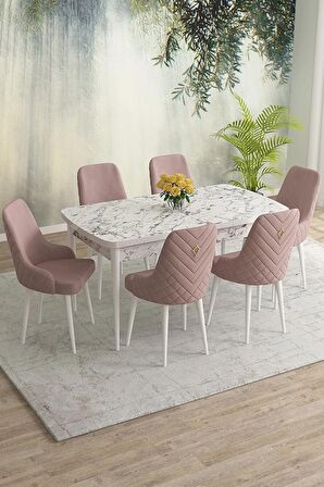 Rovena Eylül Beyaz Mermer 80x132 Açılabilir Mdf Mutfak Masası Takımı 6 Adet Sandalye