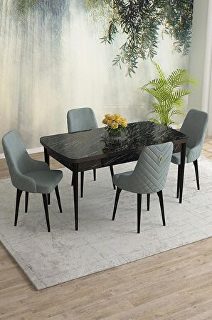 Rovena Eylül Siyah Mermer 80x132 Açılabilir Mdf Mutfak Masası Takımı 4 Adet Sandalye