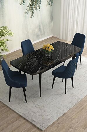 Rovena Eylül Siyah Mermer 80x132 Açılabilir Mdf Mutfak Masası Takımı 4 Adet Sandalye