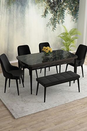 Rovena Eylül Siyah Mermer 80x132 Açılabilir Mdf Mutfak Masası Takımı 4 Adet Sandalye+1 Bench