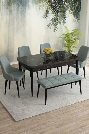 Rovena Eylül Siyah Mermer 80x132 Açılabilir Mdf Mutfak Masası Takımı 4 Adet Sandalye+1 Bench