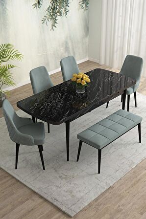 Rovena Eylül Siyah Mermer 80x132 Açılabilir Mdf Mutfak Masası Takımı 4 Adet Sandalye+1 Bench