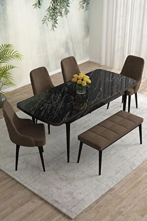 Rovena Eylül Siyah Mermer 80x132 Açılabilir Mdf Mutfak Masası Takımı 4 Adet Sandalye+1 Bench