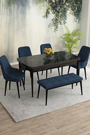Rovena Eylül Siyah Mermer 80x132 Açılabilir Mdf Mutfak Masası Takımı 4 Adet Sandalye+1 Bench