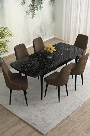 Rovena Eylül Siyah Mermer 80x132 Açılabilir Mdf Mutfak Masası Takımı 6 Adet Sandalye