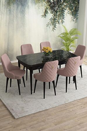 Rovena Eylül Siyah Mermer 80x132 Açılabilir Mdf Mutfak Masası Takımı 6 Adet Sandalye