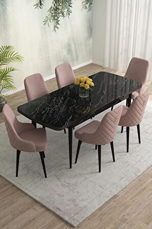 Rovena Eylül Siyah Mermer 80x132 Açılabilir Mdf Mutfak Masası Takımı 6 Adet Sandalye