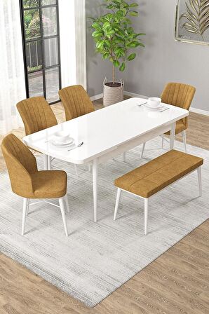 Rovena Arel Beyaz 80x132 Açılabilir Mdf Mutfak Masası Takımı 4 Adet Sandalye + 1 Bench