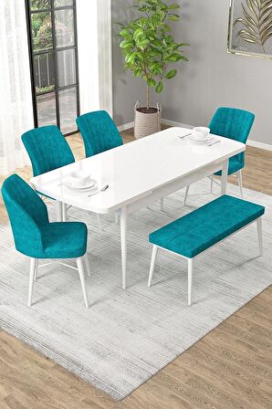 Rovena Arel Beyaz 80x132 Açılabilir Mdf Mutfak Masası Takımı 4 Adet Sandalye + 1 Bench