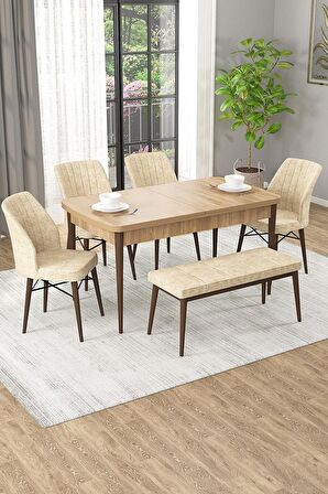 Rovena Arel Meşe 80x132 Açılabilir Mdf Mutfak Masası Takımı 4 Adet Sandalye + 1 Bench
